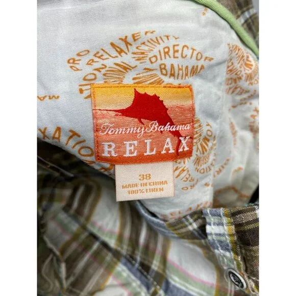 Tommy Bahama Linen Relax Mens Shorts Size 38 Plaid Chino Vacation Brown beach - Picture 14 of 14